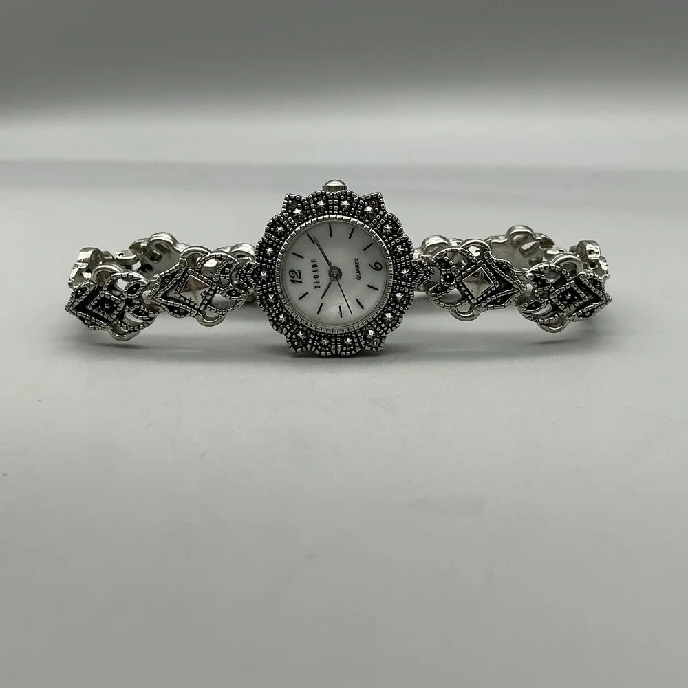 Decade 23785 Womens Dress Watch 23mm MOP Silver Tone Marcasite New Battery 7